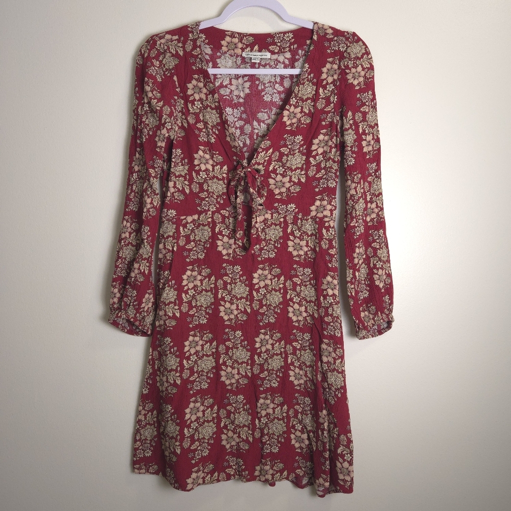 AMERICAN EAGLE Floral Vintage Retro Vneck Maroon Burgundy‎ Mini Dress S